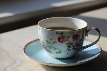 English blue and white tea cup on saucer in fine china with delicate flowers and gold edging