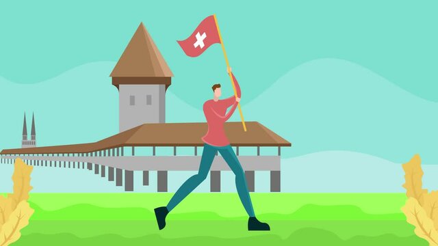 Man holding Switzerland flag near the Chapel Bridge