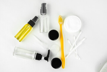 toiletries necessaries set in small bottles for traveling