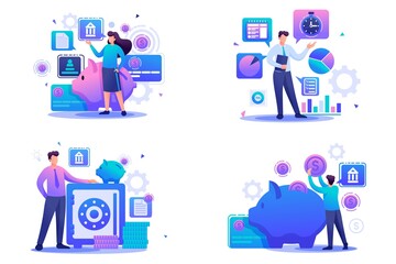Set Flat 2D concepts bank deposits, investment plan, time management. For Concept for web design