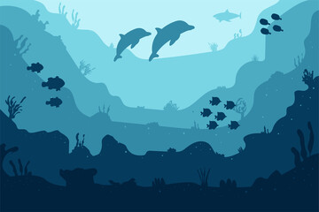 Underwater cartoon flat background with fish silhouette, seaweed, coral. Ocean sea life, cute design. Vector illustration