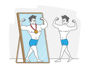 Young Man Looking on Reflection in Big Mirror Imagine himself Sportsman Winner with Medal. Male Character Smiling, Posing, Show Biceps. Narcissism Self-assessment Concept. Linear Vector Illustration