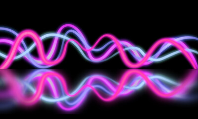 Abstract neon background. Wavy neon lights on a black backdrop with reflect. Purple and blue colors.