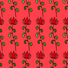 seamless pattern with red flowers and leaves fabric print