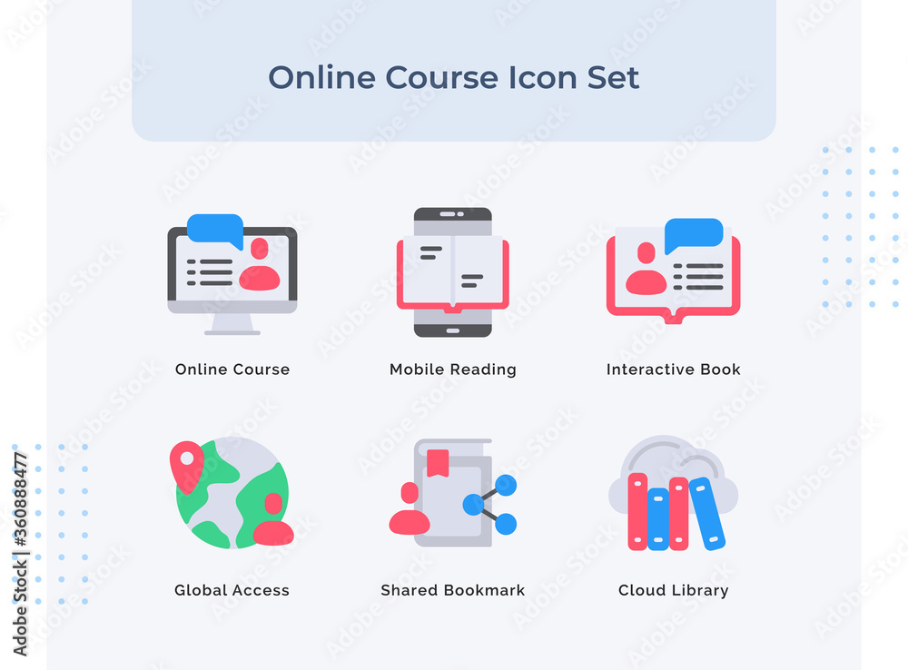 Aufkleber preview online course icon set mobile reading interactive book global access shared bookmark cloud l