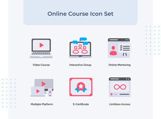 Preview online course icon set video course interactive group online mentoring multiple platform e-certificate limitless access with filled color flat style