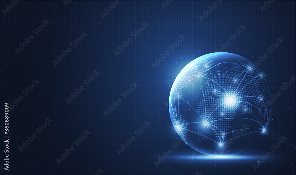 Poster global network technology background with world map or social media communication internet network c