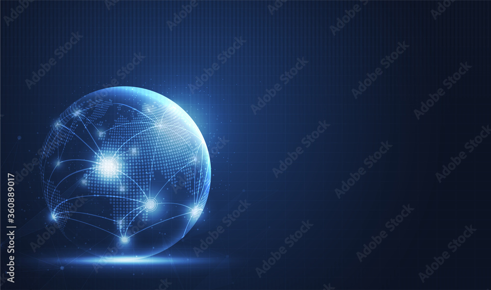Poster global network technology background with world map or social media communication internet network c