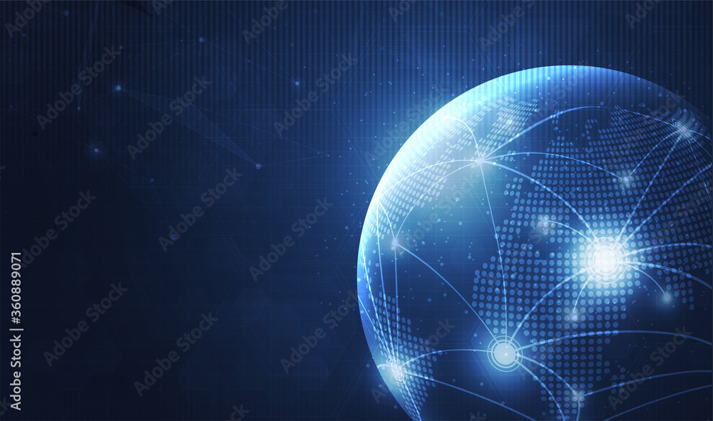 Poster global network technology background with world map or social media communication internet network c