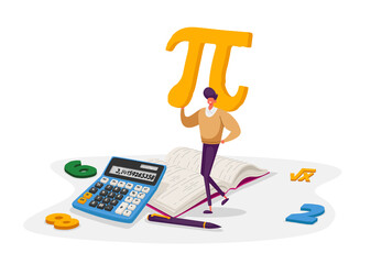 Mathematics Science and Algebra Concept. Tiny Student Male Character Carrying Huge Sign Pi with Digits, Textbook, Formula Root Symbol. University and High School Education. Cartoon Vector Illustration