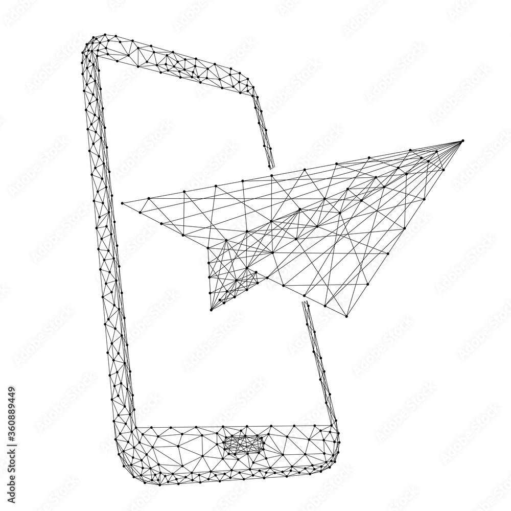 Poster paper airplane takes off from a smartphone, the concept of communication and message forwarding from