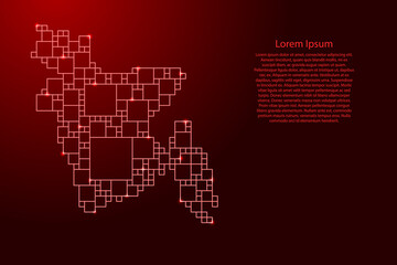 Bangladesh map from red pattern from a grid of squares of different sizes and glowing space stars. Vector illustration.