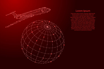 Airplane is flying around the globe from futuristic polygonal red lines and glowing stars for banner, poster, greeting card. Vector illustration.