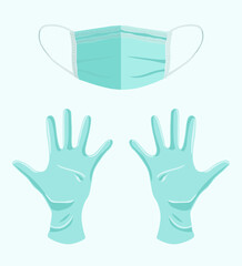 Medical gloves and mask. Flat bottom. medical utensils for protection, prevention and security.