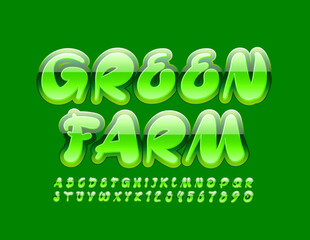 Vector creative logo Green Farm with handwritten Glossy Font. Art Alphabet Letters and Numbers