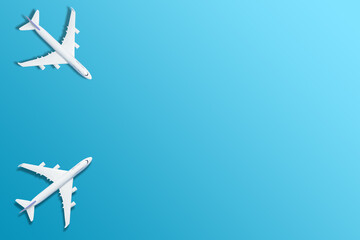 Fototapeta premium white airplane on a blue background, top view 3d rendering