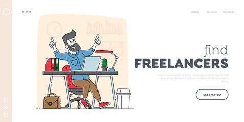 Freelance Employee, Office Employee Working Activity Landing Page Template. Relaxed Business Man or Freelancer Character Working on Laptop Sitting at Desk Thinking of Task. Linear Vector Illustration
