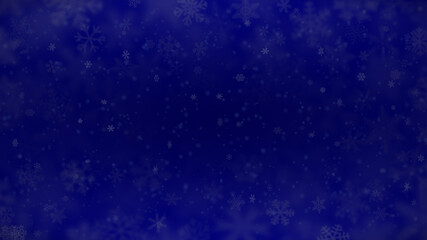 Fototapeta premium Christmas background of snowflakes of different shapes, sizes, blur and transparency in blue colors
