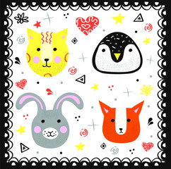 Colorful set of cute doodle animals. Vector cartoon cat, penguin, rabbit and fox with decorative animals for kid's party greeting card.