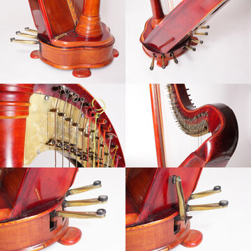 Harp isolated on white background silhouette shellak wooden mucical instrument close up
