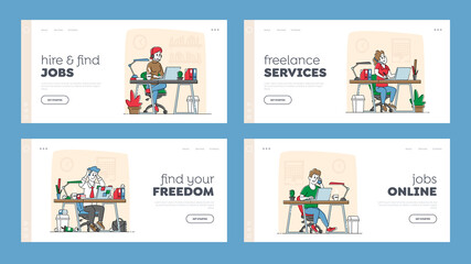 Freelance Self-employed Occupation Landing Page Template Set. Freelancers or Office Workers Characters Work on Laptop Sitting at Desk. Remote or Stationary Workplace. Linear People Vector Illustration