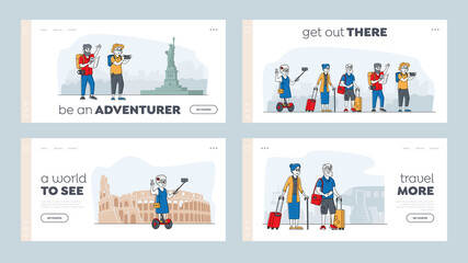 Obraz na płótnie Canvas Active Pensioners Trip Landing Page Template Set. Senior Tourists in Foreign City Using Mobile for Making Selfie. Old Characters Use Smart Technologies in Traveling. Linear People Vector Illustration