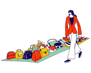 Young Woman Choose Shoes and Bags in Store. Pretty Girl Shopaholic Character Choose Accessories on Illegal Market, Garage Sake or Shopping Mall. Customer Spare Time. Linear Vector Illustration