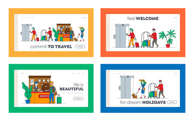 Hospitality Landing Page Template Set. Characters Arrive, Leave Hotel People at Reception Take Keys from Room at Clerk Desk. Lobby Staff Meet Guests, Bellboy Carry Luggage. Linear Vector Illustration