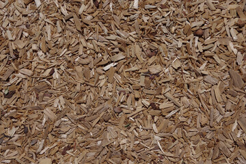 High angle full frame close-up view directly from above of a part of an area with chipped wood as a ground cover