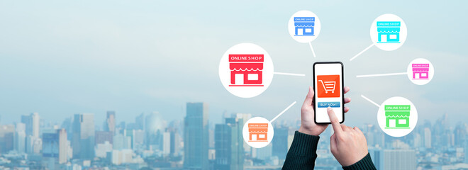 Online shopping with young people using app on smartphone and icon of shop.comfortable life