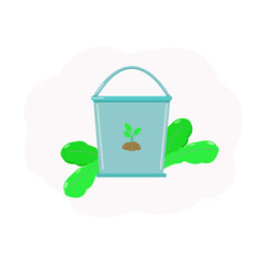 Garden bucket for watering plants on a white background. Green plants in the background.