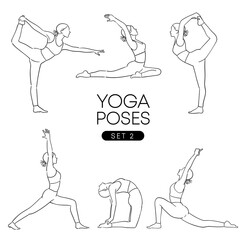 Black hand drawn illustration of a girl in many different yoga poses isolated on white background : Vector illustration