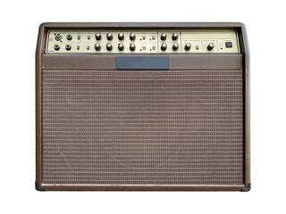 Isolated brown leather and gold control panel vintage acoustic guitar amplifier with black knob on white background with Clipping path. Popular amp in pop country music. front view photo.