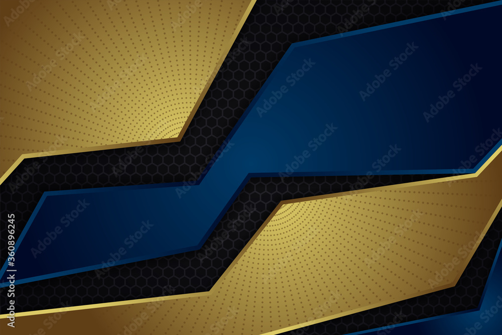 Poster abstract geometric background with hexagon and circle pattern element design. blue, gold and black g