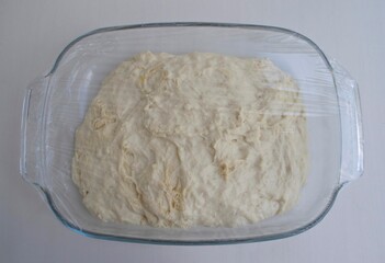 Homemade bread dough with proofing under a transparent film, on a light background, in the light of the day sun