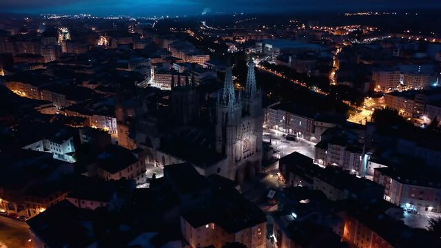 View of Burgos city illuminated at dusk and of famous cathedral in Castilla y Leon, Spain 