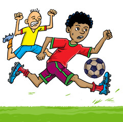 The cartoon African  football player running fast with the soccer ball 