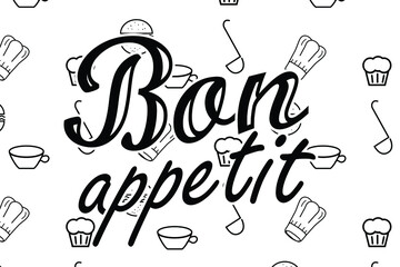 black inscription Bon Appetit on a white background with culinary symbols. Vector illustration
