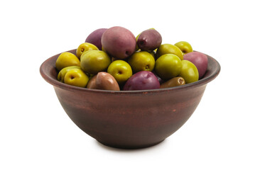 Olives in ceramic brown bowl isolated on white