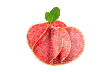 Salami slices isolated on white background.