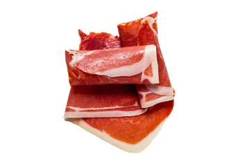 Thinly sliced jamon isolated on white background.