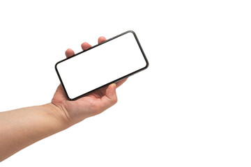 Smart phone in man hand isolated on white background.  White screen.