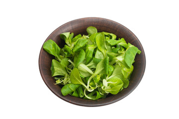 Mash salad in ceramic brown bowl isolated.