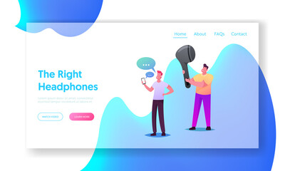 Wireless Headphones Landing Page Template. Young People Listen Music on Mobile Phone. Tiny Characters with Huge Earbuds and Mobile Enjoying Sound, Communicate. Cartoon People Vector Illustration