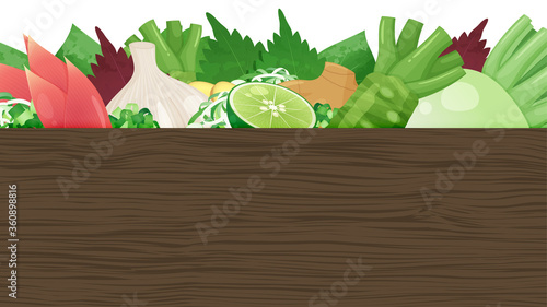 薬味の野菜と木の板の背景イラスト 茶 16 9 Alimentation Wall Mural Alimentati ふわぷか