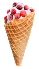 Ice cream in waffle cone with cranberry isolated
