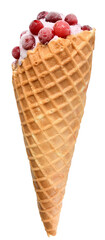 Ice cream in waffle cone with cranberry isolated