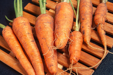 not washed in the ground a young orange carrot with sprouts on a bamboo leaf on a black table. copy space, close up, horizontal orientation