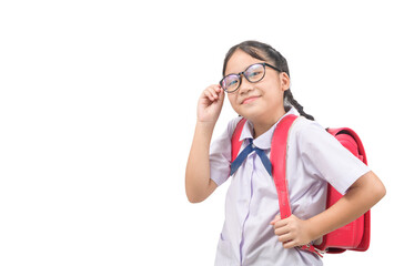 cute asian girl student wear uniform and carries school bag isolated