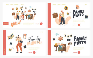 Family Photo Landing Page Template Set. Mother and Daughter Characters Visit Salon Make Photography. Senior Woman Sit with Album in Hands Watching Pictures from Past. Linear People Vector Illustration